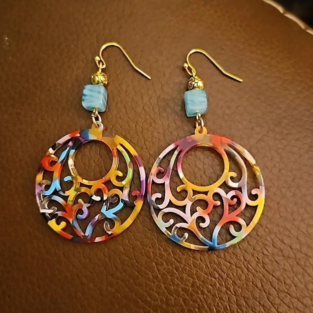 Handmade Colorful Rainbow Mod Swirl Glass Beaded Earrings